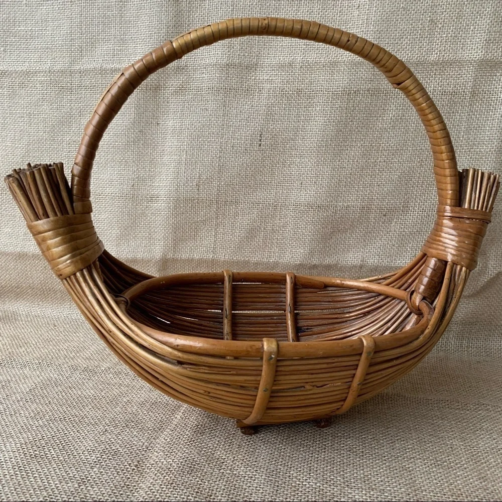 Vintage Handmade Bamboo Rattan Gathering Egg Basket Boho Farmhouse